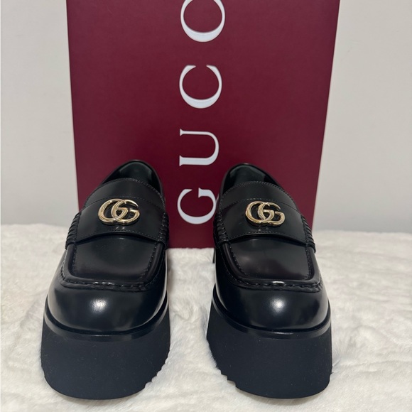 Gucci Shoes - Gucci Black Leather Platform Loafers with Gold GG
